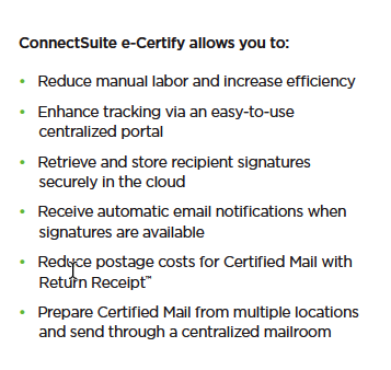 Quadient connectsuite e-certify feature bullet points